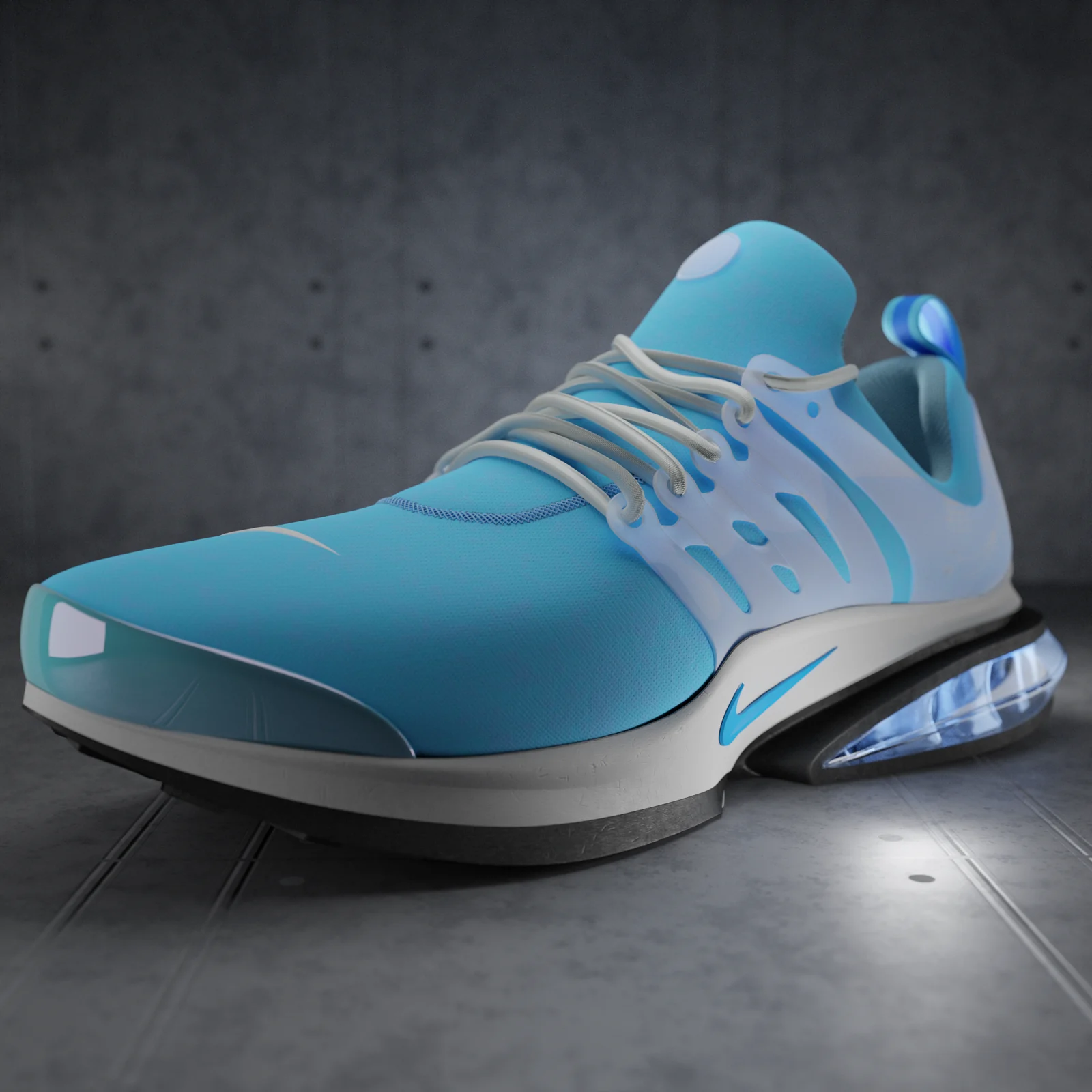 Sneaker render standing on a concrete floor, low angle